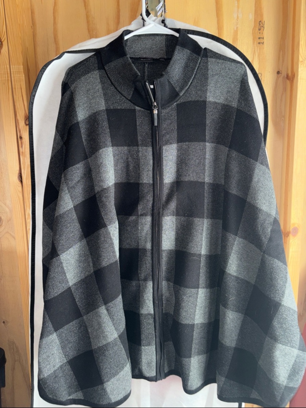 Rafaella Black and Gray Plaid Zip-Front Cape